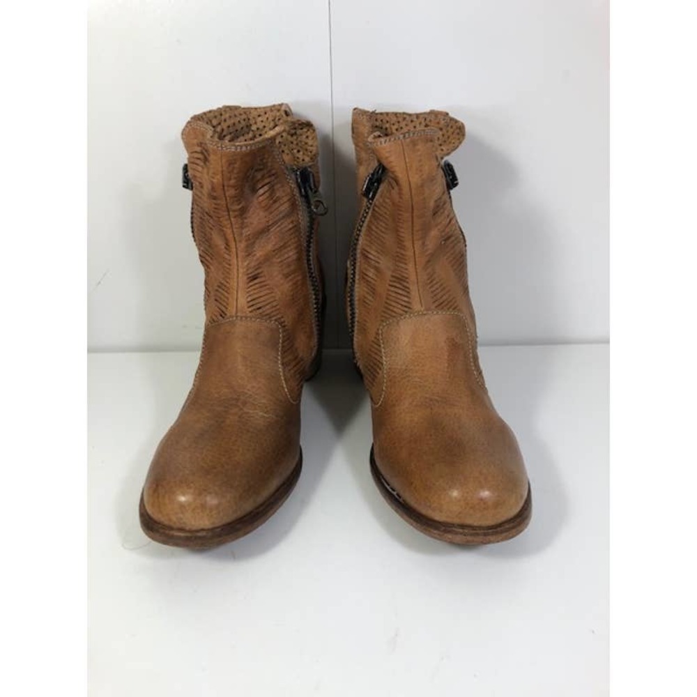 Nylo Leather Block Heels Side Zip Ankle Boot Brown Women's US 8.5